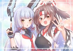 2girls 702_(naotsu) absurdres anniversary blue_sailor_collar blunt_bangs blunt_tresses brown_eyes brown_hair commentary_request dress floating_headgear food grey_hair hair_ribbon hairband headband headgear highres index_finger_raised japanese_clothes kantai_collection long_hair multiple_girls muneate murakumo_(kancolle) neckerchief omelet orange_eyes ponytail red_neckerchief ribbon sailor_collar sailor_dress short_eyebrows sidelocks striped_clothes striped_hairband striped_headband tamagoyaki tress_ribbon upper_body v zuihou_(kancolle)