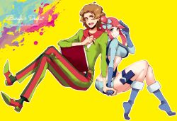 1boy 1girl blue_jacket blue_shorts book breasts brown_hair burgh_(pokemon) chikada hetero holding_hands jacket nintendo pink_hair pokemon pokemon_bw scarf shorts skyla_(pokemon)