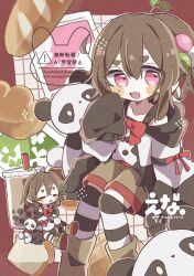1girl :d artist_name black_thighhighs blush_stickers boots border bread brown_boots brown_hair brown_shorts bubble_tea chibi commentary ena_1510 food grid_background hair_between_eyes hand_up highres hood hood_down hoodie long_sleeves looking_at_viewer multiple_views open_mouth original outside_border over-kneehighs panda pink_eyes red_border short_hair shorts sleeves_past_fingers sleeves_past_wrists smile striped_clothes striped_thighhighs symbol-only_commentary thick_eyebrows thighhighs twitter_username watermark white_background white_hoodie white_thighhighs