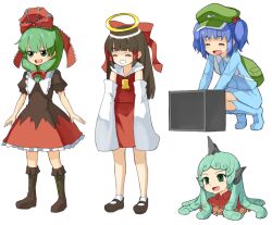 4girls bow cookie_(touhou) dress frilled_dress frills front_ponytail green_eyes green_hair hakurei_reimu higashi_aisu kagiyama_hina kawashiro_nitori komano_aunn lemi_(cookie) miyako_(naotsugu) multiple_girls red_bow red_ribbon ribbon simple_background touhou umimaro_(cookie) white_background yamasaka_aimi
