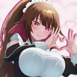 absurdres akino_miyu amagi_(oreaku) breasts brown_hair heart heart_hands highres large_breasts light_blush long_hair maid maid_headdress ore_wa_seikan_kokka_no_akutoku_ryoushu! ponytail red_eyes smile