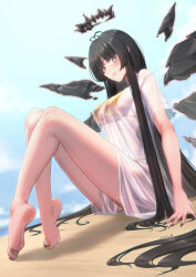 1girl angel arknights barefoot beach bikini black_hair black_halo black_wings blue_sky blurry blurry_background breasts commentary_request feet gold_bikini halo highres large_breasts long_hair mole mole_under_eye outdoors see-through_clothes see-through_shirt shirt sitting sky soles solo swimsuit toes very_long_hair virtuosa_(arknights) white_shirt wings yamauchi_(conan-comy)