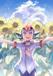 1boy black_hair blue_sky cloud field flower flower_field fushitasu hands_out_of_frame jewelry male_focus necklace necktie open_mouth outdoors red_necktie shirt short_hair short_sleeves sky solo summer sunflower sunflower_field teeth tsukumo_yuma upper_teeth_only white_shirt yu-gi-oh! yu-gi-oh!_zexal