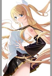 1girl absurdres aged_up arched_back ass_peek bare_shoulders black_sailor_collar black_skirt black_sleeves blonde_hair blue_eyes bow breasts commentary_request cowboy_shot detached_sleeves eyes_visible_through_hair floating_hair from_side hair_between_eyes hair_bow hand_on_own_hip headphones high_ponytail highres kagamine_rin long_hair long_sleeves looking_at_viewer looking_back miniskirt nail_polish necktie number_tattoo parted_lips pillarboxed pleated_skirt ponytail sa_tsuko sailor_collar shirt shoulder_tattoo sidelighting simple_background skirt sleeveless sleeveless_shirt small_breasts solo standing tattoo very_long_hair vocaloid white_background white_bow white_shirt wide_sleeves yellow_nails yellow_necktie