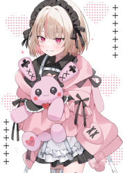 1girl animal_hood apron belt black_dress black_headdress black_ribbon blunt_bangs blush bob_cut chest_harness cleavage_cutout closed_mouth clothing_cutout collared_dress colored_inner_hair cowboy_shot dress fangs frilled_jacket frilled_shirt_collar frills grey_hair harness heart heart_cutout heart_o-ring highres holding holding_stuffed_toy hood hood_down hooded_jacket hugging_doll hugging_object jacket maid maid_headdress makaino_ririmu makaino_ririmu_(5th_costume) medium_hair multicolored_hair nijisanji o-ring o-ring_thigh_strap off_shoulder open_clothes open_jacket pink_hair pink_jacket pocket pointy_ears polka_dot polka_dot_background rabbit_hood red_eyes ribbon short_dress signature simple_background sleeves_past_wrists smile solo streaked_hair stuffed_animal stuffed_rabbit stuffed_toy thigh_strap ute_(perouthi) virtual_youtuber waist_apron white_apron white_background white_belt