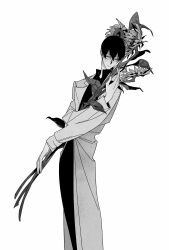 Rule 34 | 1boy, bad anatomy, bad hands, benkdjjituibot, black hair, black shirt, bouquet, coat, collared shirt, crossed bangs, double-parted bangs, feet out of frame, flower, full body, greyscale, hair between eyes, highres, holding, holding bouquet, kim dokja, leaning back, male focus, monochrome, omniscient reader&#039;s viewpoint, shirt, short hair, solo, sunflower, white background, white coat