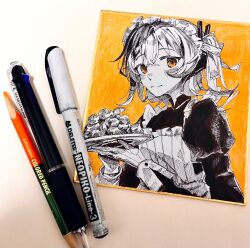 Rule 34 | 1girl, a.i. voice, adachi rei, alternate costume, apron, art tools in frame, ballpoint pen (medium), chicken (food), closed mouth, colored pencil (medium), enmaided, food, fried chicken, greyscale with colored background, highres, holding, holding tray, juliet sleeves, long sleeves, looking at viewer, maid, maid headdress, marker (medium), medium hair, one side up, orange eyes, pen (medium), popomine (popo3ne), puffy sleeves, shikishi, sleeve cuffs, solo, spot color, traditional media, tray, upper body, utau
