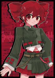 1girl ahoge arm_at_side belt black_shirt black_skirt blush brown_belt buttons collared_shirt commentary_request cowboy_shot double-breasted drill_hair flat_chest hair_between_eyes hand_on_own_hip highres kasane_teto kasane_teto_(voicepeak) layered_skirt midriff pleated_skirt red_background red_belt red_eyes red_hair shirt skirt solo sound_wave takamiya_yuu twin_drills utau voicepeak wing_collar