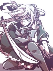 1girl braid closed_mouth commentary_request danganronpa_(series) danganronpa_2:_goodbye_despair eyelashes glasses glint greyscale highres holding holding_sword holding_weapon long_hair monochrome pekoyama_peko simple_background solo sword weapon white_background zi_huahuo