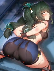 1girl all_fours android ass blush bound bound_wrists braid breasts cameltoe green_eyes green_hair hair_ornament highres looking_back m-da_s-tarou qingyi_(zenless_zone_zero) short_shorts shorts side_braid small_breasts solo sweat twintails zenless_zone_zero