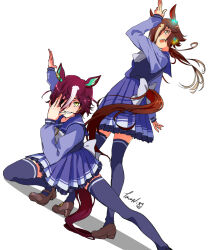 2girls animal_ears bow bowtie brown_eyes brown_footwear brown_hair clothing_cutout commentary dutch_angle eyepatch hair_over_one_eye highres horse_ears horse_girl horse_tail loafers long_hair long_sleeves looking_at_viewer low_ponytail multicolored_hair multiple_girls nishioki_tama ponytail purple_hair purple_shirt purple_skirt purple_thighhighs sailor_collar sailor_shirt school_uniform shirt shoes short_hair signature simple_background skirt streaked_hair tail tail_through_clothes tanino_gimlet_(umamusume) thighhighs tracen_school_uniform umamusume vodka_(umamusume) white_background white_bow white_bowtie white_hair yellow_eyes