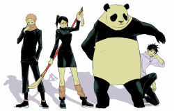 1girl 2boys animal beige_hair black_hair black_pants black_shirt dress expressionless glasses holding holding_weapon inumaki_toge jujutsu_kaisen kneeling long_hair long_sleeves looking_at_viewer multiple_boys nervous okkotsu_yuuta panda panda_(jujutsu_kaisen) pants ponytail red_eyes scarf shadow shirt short_hair shy smile spiked_hair sweat tokyo_toritsu_jujutsu_koutou_senmon_gakkou weapon weapon_on_back white_shirt zen&#039;in_maki