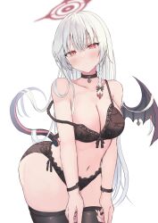 1girl absurdres bare_shoulders black_bra black_choker black_panties black_thighhighs blue_archive bra breasts choker cleavage closed_mouth collarbone commentary demon_tail demon_wings halo haruna_(blue_archive) head_tilt heart heart_choker highres large_breasts light_blush light_smile lingerie long_hair narrowed_eyes navel panties red_eyes simple_background single_wing solo standing stomach strap_slip tail thighhighs thighs underwear very_long_hair white_background white_hair wings wrist_cuffs yukimurayura