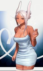 166_172 1girl alternate_costume alternate_hairstyle animal_ears bare_arms bare_shoulders boku_no_hero_academia breasts chain chain_bracelet chain_necklace cleavage collarbone commentary corrupted_twitter_file dark-skinned_female dark_skin dress english_commentary fingernails gradient_background grey_dress hair_bun hand_up heart highres jewelry large_breasts letterboxed long_eyelashes long_hair looking_at_viewer lower_teeth_only mirko nail_polish necklace open_mouth parted_bangs rabbit_ears rabbit_girl red_eyes single_hair_bun smile solo spaghetti_strap teeth thighs toned toned_female white_hair