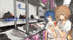 2girls absurdres blue_hair brown_eyes brown_hair cevio closed_mouth commentary_request display_case dress hair_bun hands_up highres holding_shoes indoors kabuyama_kaigi looking_at_object multiple_girls puffy_short_sleeves puffy_sleeves reading satou_sasara shirt shoes shop shopping short_sleeves side_ponytail single_side_bun sketchers standing suzuki_tsudumi unworn_shoes upper_body white_dress white_shirt