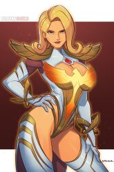 Rule 34 | 1girl, absurdres, blonde hair, breasts, brown background, cleavage, cowboy shot, curly hair, emma frost, highleg, highleg leotard, highres, large breasts, leotard, marvel, medium hair, simple background, smgold, solo, watermark, web address, white leotard, yellow eyes