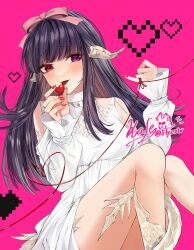 Rule 34 | 1girl, absurdres, au ra, bare shoulders, black hair, bow, breasts, clothing cutout, dragon girl, dragon horns, dragon tail, dress, final fantasy, final fantasy xiv, fliz ts, hair bow, heart, heart of string, heterochromia, highres, horns, long hair, looking at viewer, pink background, pixel heart, purple eyes, red eyes, red nails, scales, shoulder cutout, signature, solo, string, string of fate, tail, warrior of light (ff14), white dress