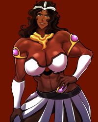 1girl absurdres armlet arrancar bare_shoulders bleach breasts brown_hair dark-skinned_female dark_skin female_focus franceska_mila_rose green_eyes hand_on_own_hip hand_on_own_thigh highres hollow_hole jewelry large_breasts long_hair muscular muscular_female shiny_skin simple_background skirt soyuz001