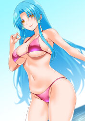 1girl aqua_hair armpits bandai_namco bare_shoulders bikini blue_hair breasts cowboy_shot day engo_(aquawatery) glacies hair_ornament hair_tubes highres large_breasts lipstick long_hair makeup navel ocean pink_bikini sky smile solo stomach super_robot_wars super_robot_wars_destiny super_robot_wars_original_generation swimsuit thighs underboob yellow_eyes