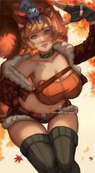 1girl animal_ears arm_up artist_name black_gloves black_thighhighs breasts brown_eyes brown_hair brown_jacket brown_shorts brown_tail choker cleavage fingerless_gloves gloves green_choker highres jacket looking_at_viewer looking_up marvel marvel_rivals open_clothes open_jacket patreon_username short_hair short_shorts shorts signature squirrel squirrel_ears squirrel_girl squirrel_girl_(marvel) squirrel_tail tail thighhighs tippy-toe watermark web_address wei_(promise_0820)