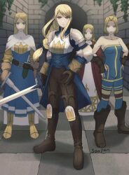Rule 34 | 4girls, agrias oaks, armor, artist name, blonde hair, blue dress, boots, braid, breastplate, brown footwear, brown gloves, cape, castle, checkered floor, choker, dagger, dress, final fantasy, final fantasy tactics, full body, gauntlets, gloves, hands on own hips, highres, holding, holding sword, holding weapon, holster, knee pads, knife, knight (fft), leotard, long hair, looking at viewer, monk (fft), multiple girls, ovelia atkascha, red choker, short hair, shoulder pads, soosupaan, sword, unitard, weapon, white cape, white dress, yellow armor, yellow boots