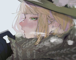 1boy adjusting_scarf aegyo_sal black_gloves blonde_hair blunt_bangs blush breath brown_scarf cold colored_eyelashes ear_blush enpera film_grain from_side gloves green_eyes hair_behind_ear half-closed_eyes hand_up hat highres looking_ahead male_focus nose_blush parted_lips portrait profile rook_hunt scarf shiny_lips short_hair sideburns solo tail_ear twisted_wonderland white_background winter_clothes