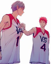 Rule 34 | 2boys, a jou, akashi seijuurou, armband, bare shoulders, basketball jersey, basketball uniform, black armband, blue eyes, blue hair, closed mouth, clothes grab, collarbone, commentary request, eye contact, hand on another&#039;s hand, kuroko no basuke, kuroko tetsuya, looking at another, male focus, multicolored clothes, multiple boys, outstretched arm, parted lips, red hair, shorts, simple background, sleeveless, smile, sportswear, vorpal swords uniform, white background, white shorts