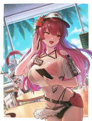 2girls :d a-ka animal_ears apron belt bikini bikini_under_clothes bikini_under_shorts black_belt black_thighhighs blue_hair breasts commentary_request criss-cross_halter cropped_shirt flower frilled_apron frills hair_flower hair_ornament halterneck heterochromia highleg highleg_bikini highres holding holding_pen hololive holonatsu_paradise houshou_marine houshou_marine_(holonatsu_paradise) large_breasts long_hair maid maid_bikini micro_shorts multi-strapped_bikini_bottom multi-strapped_bikini_top multiple_girls name_tag navel official_alternate_costume official_alternate_hairstyle open_mouth pen rabbit_ears rabbit_girl red_bikini red_eyes red_hair sharp_teeth shirt shorts sidelocks smile swimsuit t-shirt teeth thighhighs tied_shirt unconventional_maid upper_teeth_only usada_pekora usada_pekora_(holonatsu_paradise) virtual_youtuber visor_cap waist_apron white_shirt yellow_eyes