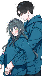 1boy ? black-framed_eyewear black_hair blush commentary_request fingernails gakuen_idolmaster glasses green_eyes green_hair green_hoodie hair_flaps heart hetero highres hood hoodie idolmaster kasasagi_(futagodori888) long_hair long_sleeves looking_at_viewer matching_outfits producer_(idolmaster) short_hair simple_background smile straight_hair tsukimura_temari very_long_hair white_background