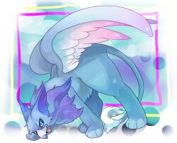Rule 34 | &gt;:), abstract background, blue background, blue eyes, blue fur, choko (sweetpocket), cloud, commentary request, creature, creature focus, eyrie, faerie neopet, fang, feathered wings, full body, griffin, leaning forward, neopet (creature), neopets, no humans, open mouth, smile, solo, standing, v-shaped eyebrows, wings