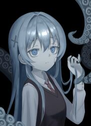 Rule 34 | 1girl, absurdres, black background, black sweater vest, blue eyes, blue hair, closed mouth, collared shirt, commentary request, expressionless, hair intakes, hair ornament, hand in own hair, highres, kkamkkam, long sleeves, looking at viewer, necktie, original, red necktie, red pupils, ringed eyes, shirt, solo, suction cups, sweater vest, tentacles, upper body, white shirt, x hair ornament