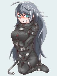 Rule 34 | 1girl, absurdres, ahoge, aqua eyes, barcode, bdsm, belt, black bodysuit, blue background, blue hair, bodysuit, bondage, bound, bound arms, bound legs, breasts, clenched teeth, collar, earrings, english text, full body, highres, jewelry, kneeling, large breasts, long hair, looking at viewer, menou 74, original, sharp teeth, simple background, solo, straitjacket, sweat, tearing up, teeth, triangle, v-shaped eyebrows, very long hair