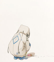 Rule 34 | 1girl, blue shoes, cevio, dropped food, facing away, full body, highres, hood, hood up, hooded jacket, ice cream cone, jacket, kafu (cevio), kamitsubaki studio, long sleeves, sabaku (saba9), shadow, shoes, simple background, slav squatting, solo, squatting, traditional media, watercolor pencil (medium), white background, white jacket, wide shot