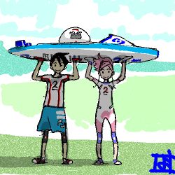 00s 1boy 1girl anemone_(eureka_seven) arms_up black_hair bodysuit carrying_over_shoulder dominic_sorel eureka_seven eureka_seven_(series) full_body gulliver_(eureka_seven) looking_at_viewer lowres oekaki pink_hair short_hair shorts smile sportswear standing surfboard swimsuit