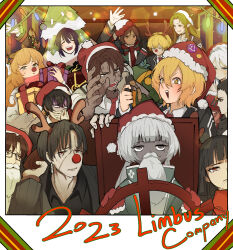 1other 6+boys 6+girls anger_vein antlers arms_up bearded_girl black_hair blonde_hair brown_hair charon_(project_moon) christmas christmas_tree_costume clown_nose dark-skinned_female dark-skinned_male dark_skin don_quixote_(project_moon) faust_(project_moon) freckles gregor_(project_moon) hat heathcliff_(project_moon) highres hong_lu_(project_moon) horns ishmael_(project_moon) lannfo limbus_company meursault_(project_moon) multiple_boys multiple_girls nausea open_mouth orange_hair outis_(project_moon) project_moon reindeer_antlers rodion_(project_moon) ryoshu_(project_moon) santa_hat short_hair sinclair_(project_moon) sparkle_in_eye v-shaped_eyebrows vergilius_(project_moon) white_hair yi_sang_(project_moon)