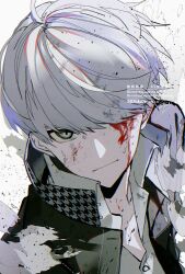 Rule 34 | 1boy, 2025, black jacket, blood, blood on face, closed mouth, dated, english text, grey hair, highres, jacket, male focus, narukami yu, one eye covered, persona, persona 4, shirt, short hair, smile, solo, twitter username, upper body, water, white shirt, zeka (skzk cm)