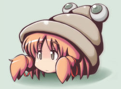 Rule 34 | 1girl, ao usagi, blonde hair, chibi, chigaunsuyo, claws, expressionless, female focus, full body, fusion, gradient background, grey eyes, hermit crab, moriya suwako, revision, ribbon, shell, simple background, solo, touhou