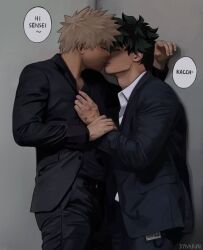 2boys artist_name bakugou_katsuki black_pants blonde_hair boku_no_hero_academia closed_eyes collared_shirt dyn4bun english_text freckles green_hair hashtag-only_commentary highres imminent_kiss jacket long_sleeves male_focus midoriya_izuku multiple_boys pants scar scar_on_face scar_on_hand shirt short_hair speech_bubble spiked_hair suit_jacket yaoi