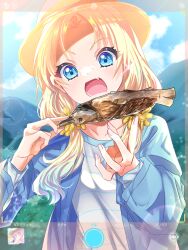 Rule 34 | 1girl, blonde hair, blue eyes, blue hair, blue jacket, blue shirt, collarbone, commentary request, curtained hair, eating, fake phone screenshot, fake screenshot, fang, fish (food), food, gradient hair, hat, highres, holding, holding food, jacket, link! like! love live!, long hair, long sleeves, love live!, low twintails, multicolored hair, open clothes, open jacket, open mouth, orange hat, osawa rurino, outdoors, parted bangs, pinstripe pattern, pinstripe shirt, sakari (pear 8 ll), shirt, solo, twintails, upper body, v-shaped eyebrows, virtual youtuber