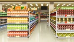 box cardboard_box ceiling_light cup_ramen english_text grocery_store highres indoors juice monitor no_humans non-web_source official_art our_life:_beginnings_and_always reflective_floor shelf shop sign stocking_shelves tile_floor tiles