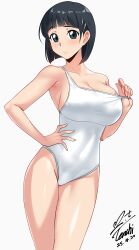1girl black_eyes black_hair breasts cleavage closed_mouth clothes_pull commentary_request commission competition_swimsuit covered_navel cowboy_shot dated feet_out_of_frame hair_ornament hand_on_own_hip highres kirigaya_suguha large_breasts looking_at_viewer one-piece_swimsuit one-piece_swimsuit_pull pixiv_commission pulling_own_clothes school_swimsuit short_hair signature simple_background solo standing swimsuit sword_art_online thighs white_background white_one-piece_swimsuit yoo_tenchi