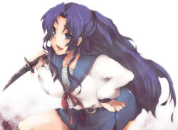 asakura_ryoko blue_eyes blue_hair hand_on_own_hip hip_focus knife kurohara_yuu long_hair school_uniform serafuku solo suzumiya_haruhi_no_yuuutsu