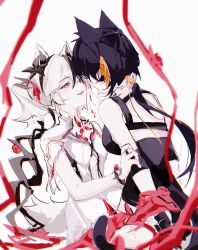 2girls absurdres animal_ears bare_shoulders black_bow black_dress black_eyes black_flower blake_bloom_(wuthering_waves) bound bound_wrists bow breasts camellya_(wuthering_waves) cat_ears cat_girl cat_tail chinese_commentary collar coloki commentary_request dress earrings female_rover_(wuthering_waves) flower gold_earrings hair_bow hair_flower hair_ornament hair_ribbon hair_vines hand_on_another&#039;s_chin highres jewelry kemonomimi_mode large_breasts looking_at_another multiple_girls red_pupils ribbon rover_(wuthering_waves) short_hair sleeveless sleeveless_dress small_breasts smile tail white_collar white_dress white_hair wolf_ears wolf_girl wolf_tail wuthering_waves yellow_ribbon yuri