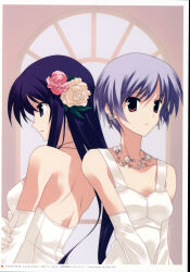 2girls absurdres aoi_sena artist_request back back-to-back breasts chaos;head check_artist check_clothing church clothing_request collarbone dress earrings elbow_gloves evening_gown expressionless flower flower_earrings from_side gloves hair_between_eyes hair_flower hair_ornament highres holding_own_arm jewelry kishimoto_ayase long_hair looking_at_viewer looking_to_the_side medium_breasts multiple_girls necklace non-web_source off_shoulder official_art open_mouth pink_eyes pink_flower pink_rose purple_hair rose sasaki_mutsumi short_hair shoulder_blades single_sidelock small_breasts strapless strapless_dress wedding_dress white_dress white_flower white_gloves white_rose window