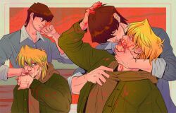 2boys blonde_hair blood blood_on_face blood_on_hands blue_eyes blue_shirt brown_eyes brown_hair buttons closed_eyes closed_mouth collared_shirt commentary english_commentary fingernails green_jacket hair_behind_ear hair_between_eyes hand_on_another&#039;s_face hand_on_another&#039;s_head injury jacket jonouchi_katsuya kaiba_seto long_sleeves lower_teeth_only male_focus multiple_boys multiple_views open_clothes open_jacket open_mouth pinstripe_pattern pinstripe_shirt sharkrocket shirt short_hair sleeve_cuffs sleeves_rolled_up teeth upper_teeth_only wing_collar wiping wiping_face yaoi yu-gi-oh! yu-gi-oh!_duel_monsters