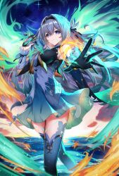 1girl absurdres aqua_dress aqua_thighhighs armor black_jacket burnt_clothes cracked_skin cropped_jacket dress fire firefly_(honkai:_star_rail) frilled_sleeves frills gao_kawa gradient_eyes gradient_hair green_fire green_pupils grey_hair hair_between_eyes hair_intakes hair_ornament hair_ribbon highres honkai:_star_rail honkai_(series) jacket long_hair long_sleeves multicolored_eyes multicolored_hair neckerchief orange_neckerchief reaching reaching_towards_viewer ribbon serious sky solo star_(sky) starry_sky thighhighs two-tone_eyes white_sleeves