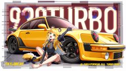 1girl :3 absurdres animal_ear_fluff animal_ears arm_up artist_name bare_shoulders barefoot black_gloves black_shorts blonde_hair border bow buttons car character_name colored_inner_hair commentary cropped_jacket elbow_gloves fang feet fingerless_gloves gloves green_eyes grey_shirt hand_on_own_ankle highres jacket ju_fufu long_hair looking_at_viewer motor_vehicle multicolored_hair on_ground open_mouth porsche porsche_911 porsche_930 procreate_(medium) shirt shirt_tucked_in shorts sitting smile solo spoiler_(automobile) sports_car tail tail_bow tail_ornament taylorcat thighs tiger_ears tiger_girl tiger_tail toes vehicle_name very_long_hair white_border yellow_car yellow_jacket zenless_zone_zero