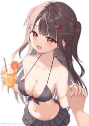 1boy 1girl artist_name bikini bikini_skirt black_bikini blush breasts brown_hair collarbone cup drinking_glass drinking_straw fang food frilled_bikini frills front-tie_bikini_top front-tie_top fruit grey_eyes groin hair_ornament hair_tie hairclip halterneck hands_up highres holding holding_cup ice ice_cube interlocked_fingers juice long_hair looking_at_viewer mao-chan_(uramakaron) medium_breasts navel open_mouth orange_(fruit) orange_juice orange_slice original pink_nails pov pov_hands red_pupils smile swimsuit tropical_drink two_side_up uramakaron water_drop