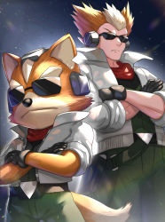2boys absurdres blonde_hair brown_hair f-zero furry furry_male gloves gonzarez highres james_mccloud long_hair multiple_boys name_connection nintendo short_hair smile star_fox sunglasses tail