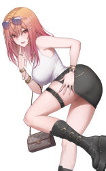 1girl :d absurdres ahoge alternate_costume ass bag bare_shoulders belt bent_over black_boots black_skirt boots bracelet breasts colored_inner_hair commentary_request crossed_bangs earrings eyewear_on_head fingernails gold_bracelet gradient_hair hair_between_eyes hair_ornament hairclip hand_on_own_hip hand_up handbag hashtag-only_commentary highres hololive hololive_dev_is ichijou_ririka index_finger_raised jewelry knee_boots large_breasts long_fingernails long_hair looking_at_viewer miniskirt multicolored_hair multiple_bracelets multiple_rings nail_polish no_jacket off_shoulder open_mouth orange_eyes orange_hair panties pantyshot pencil_skirt pink_hair pink_nails platform_boots ring simple_background skirt smile solo steelball_(jwk76806995) sunglasses tank_top thigh_belt thigh_strap thighs underwear virtual_youtuber white_background white_panties white_tank_top